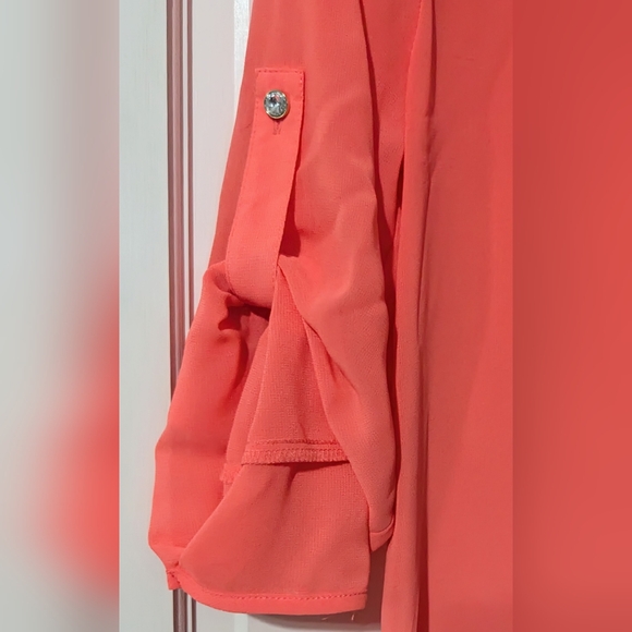 Jennifer Lopez, NWT, Hot Coral, Semi-Sheer, Ruffle Front Blouse, Size XS - Picture 4 of 13